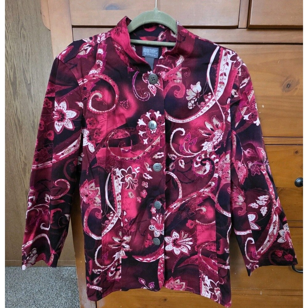 Chico's Red & Black Floral Print Button Front Blazer - Picture 1 of 7